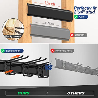 Sttoraboks Garage Wall Organizer, Heavy Duty Tool Hangers for Garage Wall with 6 Double Hooks & 2 Rails, Tool Organizer Wall Mount, Garage Hanging Storage Rack for Shovel, Rake, Broom and Ski Gear - size: 34inch 2 panels+6 hooks