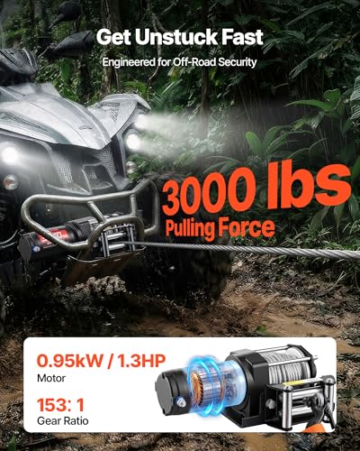 VEVOR 3000 lbs Electric Winch, 12V DC ATV/UTV Winch with Φ3/16 in x 39.4 ft Steel Wire Rope & Wired Remote Control, IP55 Waterproof, Aluminum Housing Fairlead Mount Plate for Towing ATV, Black - size: 3000lbs