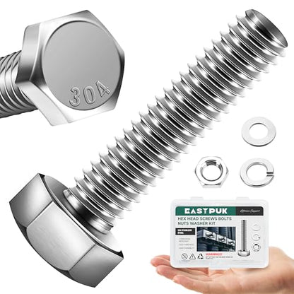 1/4-20 x 1-1/4" Hex Head Bolts Screws with Nuts, Flat & Lock Washers, 304 Stainless Steel Bolts and Nuts External Hex Drive Full Threaded 1/4 Bolt (10Sets) - color: Silver, size: 1/4 x 1-1/4"