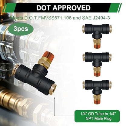 DOT Air Line Quick Connect Tee Fittings 3PCS, 1/4" OD × 1/4" NPT - color: 1/4" * 1/4" * 1/4"NPT 3PCS