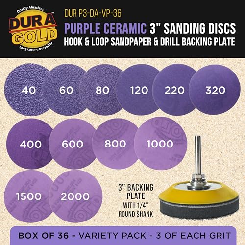 Dura-Gold Premium 3" Purple Film Ceramic Sanding Discs, 36 Disc Variety - style: Variety Pack