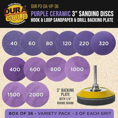 Dura-Gold Premium 3" Purple Film Ceramic Sanding Discs, 36 Disc Variety - style: Variety Pack