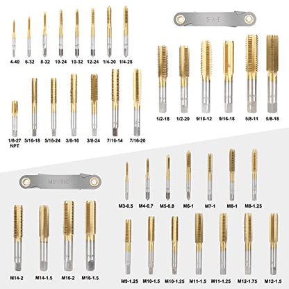 Die and Tap Set in SAE and Metric, Hex Threading Dies for External Threads, Thread Tap for Internal Threads, Thread Wrench, Thread Pitch Gauge, 86 Pieces Gauge Kit for DIY Tapered