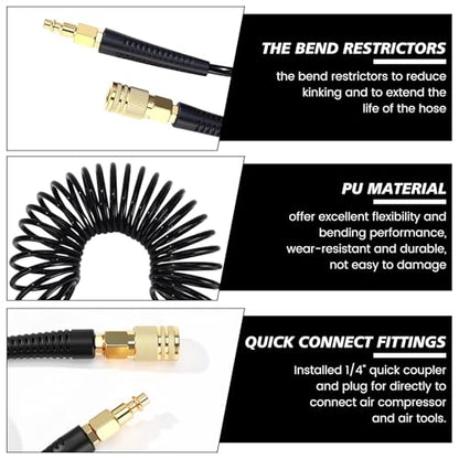 Flutesan 10 Pack 1/4 in x 10 ft Recoil Air Hose with Quick Coupler, Black - color: Black