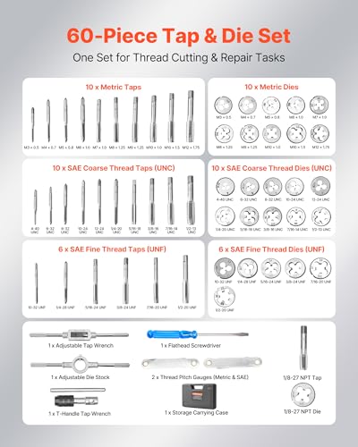 VEVOR Tap and Die Set, 60-Piece Metric and SAE Sizes M3 to M12, #4 to 1/2", with Coarse and Fine Thread Taps and Dies, Wrench, Carrying Case and Complete Accessories, for Threading and Rethreading - size: 60pcs