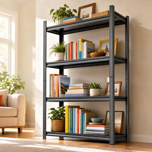 4 Tier Metal Bookshelf Black, Industrial Bookcase Shelving Unit Storage Rack for Living Room Bedroom Office Kitchen, Heavy Duty Steel Shelves Organizer for Books Plants Decor, Free Standing Shelf Unit - size: 4Tier-35.4"Wx13.8"Dx63"H
