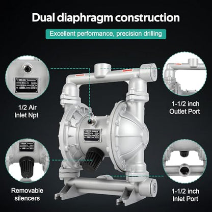 Air Operated Double Diaphragm Pump 1-1/2 Inch Outlet 44 GPM,Max 115 PSI