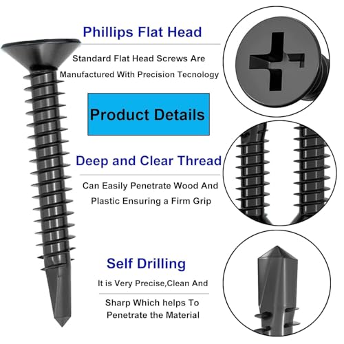 100Pcs Self Tapping Screws for Metal, 410 Stainless Steel, Black Coating, #8 x 1-1/2" Phillips Drive Flat Head Self Drilling Screws, Countersunk Sheet Metal Screws, Deck Screws Kit with 1 Bits - size: 100pcs #8 x 1-1/2", style: Flat Head