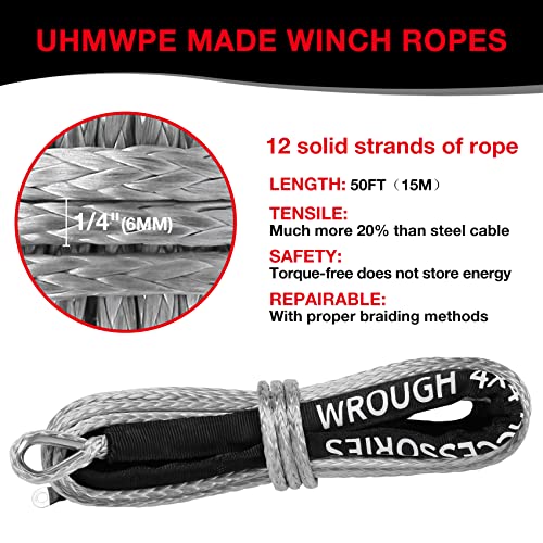 1/4" Synthetic Winch Rope 50 ft 10,000 lb UHMWPE Winch Cable Replacement Kit with Steel Hook, Aluminum Fairlead, Rubber Stopper, Protective Sleeve, Compatible with ATV UTV Truck Winches, Gray - color: Gray, size: 1/4 In x 50 Ft Upgraded