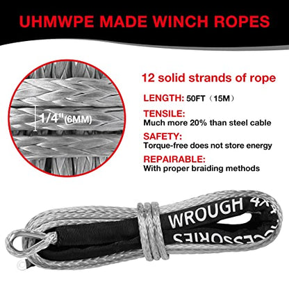 1/4" Synthetic Winch Rope 50 ft 10,000 lb UHMWPE Winch Cable Replacement Kit with Steel Hook, Aluminum Fairlead, Rubber Stopper, Protective Sleeve, Compatible with ATV UTV Truck Winches, Gray - color: Gray, size: 1/4 In x 50 Ft Upgraded