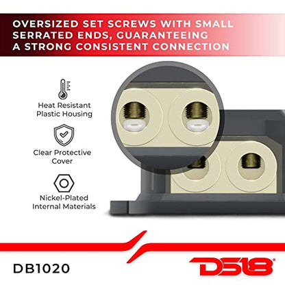 DS18 DB1020 Distribution Ground Block - 1 x 0GA in/ 2 x 0GA Out, Nickle Plated Internal Materials, High-Strength Heat Resistant Plastic Housing, Oversized Screws for Secure Connections (1 in 2 Out) - size: Single, style: 1X0GA in - 2X0GA Out