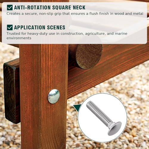 3/8-16 x 4 Carriage Bolts, 304 (18/8) Stainless Steel Carriage Screws, Round Domed Head Square Neck, Grade A2-70, Full Thread, Coarse Thread UNC, 10-Pack - size: 3/8-16 x 4"