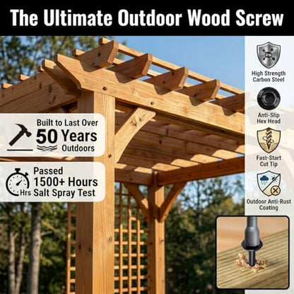 [Pack of 50] #14 x 10 Wood Structural Screws, Heavy Duty Hex Head Timber/Log/Landscaping Wood Screws, Rust Resistant, Hex Socket Included - color: Black, size: #14 x 10"