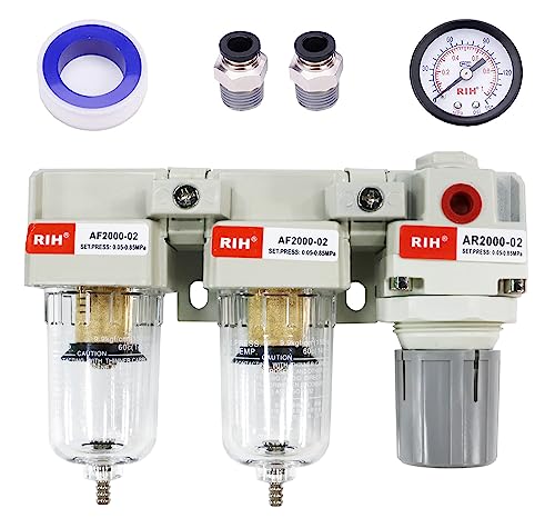 RIH Pneumatics DFR-02 1/4'' NPTCompressed Air Double Filter & Regulator, Air Drying System, Air Compressor Water Separator, Semi -Auto Drain, Poly Bowl,0-150 psi Gauge, 5 Micron Brass Element - size: 1/4 NPT