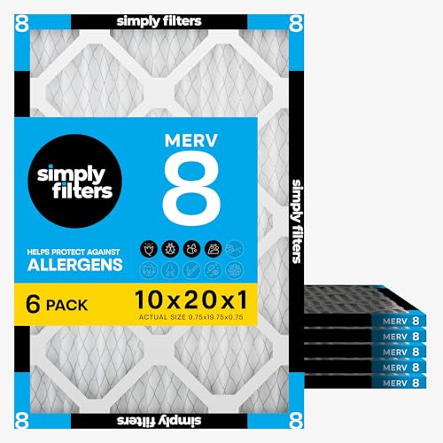 Simply 10x20x1 Air Filter, MERV 8, 6 Pack, For Home AC Furnace & HVAC (Actual Size: 9.75"x19.75"x0.75") DUST, Pet, & Allergy Control - size: 10x20x1