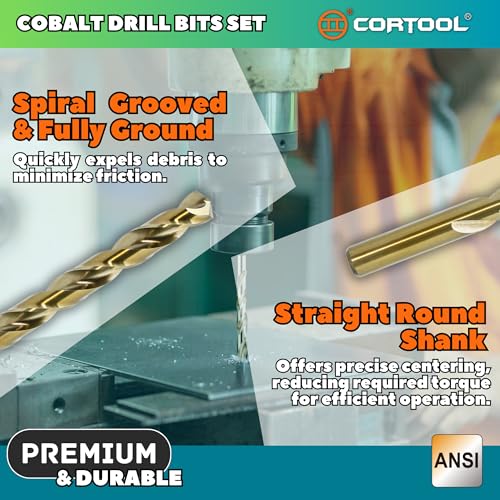 Cobalt Drill Bit Set, 15pcs Twist Jobber Length Drill Bit Kit for Hardened Metal, Cast Iron, Stainless Steel, Plastic and Wood, with Indexed Storage Case 1/16"-3/8", M35 HSS, 135 Degree Tip