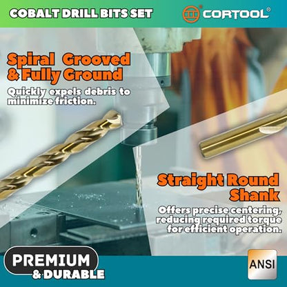 Cobalt Drill Bit Set, 15pcs Twist Jobber Length Drill Bit Kit for Hardened Metal, Cast Iron, Stainless Steel, Plastic and Wood, with Indexed Storage Case 1/16"-3/8", M35 HSS, 135 Degree Tip