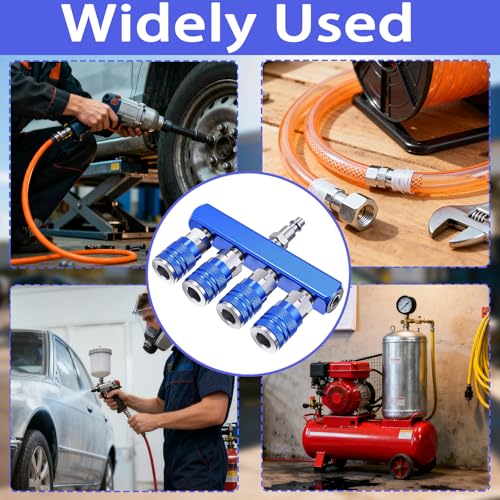 4-Way Air Manifold 1/4 Inch Air Hose Splitter Industrial Connect Fitting 4 Couplers Plug Blue - color: Blue
