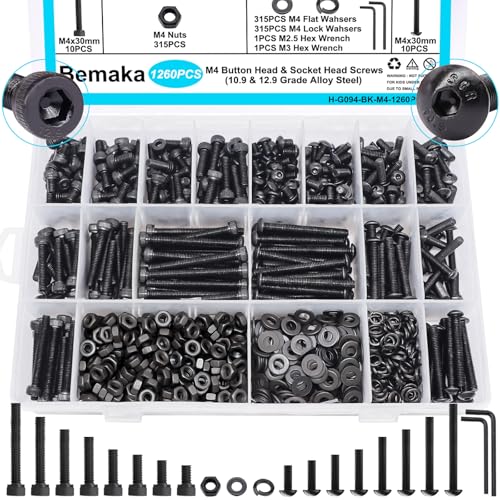 1260Pcs M4 Screw Kit, M4x6/8/12/16/20/25/30/40mm Metric Screws Bolts and Nuts Kit, 10.9 & 12.9 Grade Alloy Steel Button Head and Socket Head Screws, Metric Bolts for 3D Printing - color: BK-M4 x 6-40mm