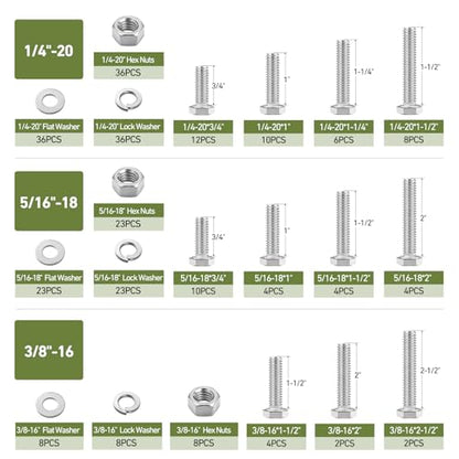 267PCS Hex Bolts and Nuts Assortment Kit,1/4-20, 5/16-18, 3/8-16 Bolt Nut and Flat Washers Assorted,304 Stainless Steel, Fully Threaded - size: SS 1/4,5/16,3/8 267PCS Hex Bolt
