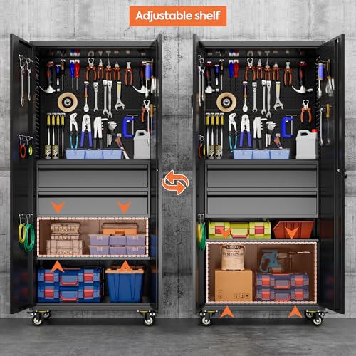 Metal Garage Storage Cabinet with Wheels, 2 Internal Drawers - color: Black, size: 15.5"D x 30"W x 71"H