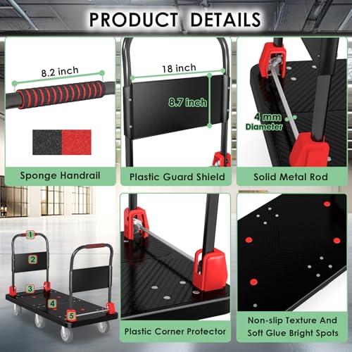 2200 lb 6-Wheel Heavy Duty Platform Truck with Foldable Dual Handrails - color: Black-50" Lx27 W