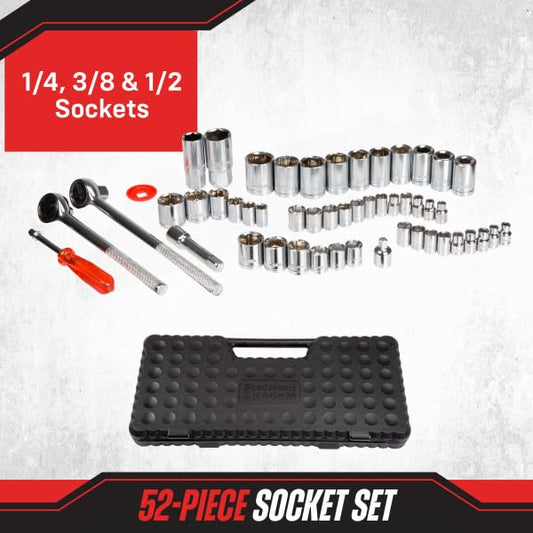 Stalwart Drive Socket Set Tool Kit with 1/4, 3/8 and 1/2 Sockets, 52-Piece