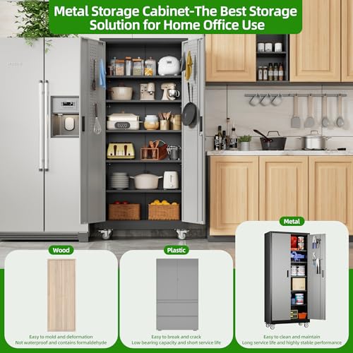 Reemoon 71" H Metal Garage Storage Cabinet with Wheel,Black-Dark Grey - color: Black-dark Grey, size: 16"D x 32"W x 71"H
