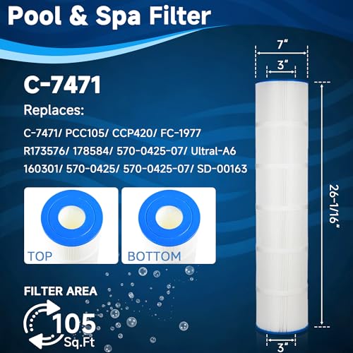 Yoojequa® CCP420 Pool Filter Cartridge Compatible with C-7471, Clean and Clear Plus 420, PCC105, FC-1977, R173576, 570-0425-07, 178584, 817-0106, 160301, 4 x 105 Sq. Ft Pool Filter Cartridge, 4 Pack - size: C-7471 4 Pack