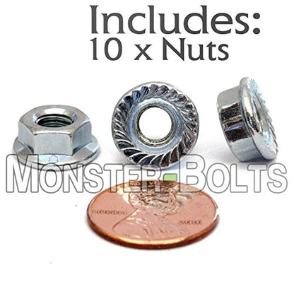 MonsterBolts - M6 Serrated Flange Nuts, DIN 6923, Zinc CR+3, 10 Pack - size: M6 - 1.0