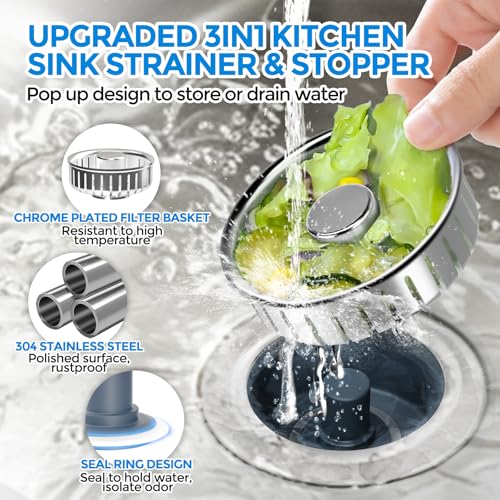 zaa 3 in 1 Kitchen Sink Drain Strainer Stopper Removable Basket Pop-Up - color: Light Silver