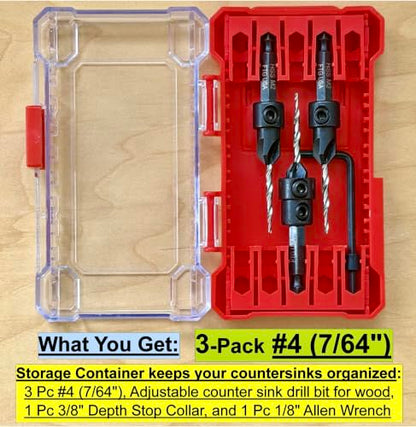 FTG USA 3-Pk #4 (7/64") Countersink Drill Bit Set, 1 Stop, 1 Wrench & Case - size: #4, style: 3 Pc with Depth Stop and Case