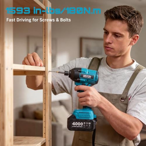 Seesii Impact Wrench Drill Driver,Power Tool Combo Kit For Car Home DIY - color: Light Blue 1000n.m + Two Batteries
