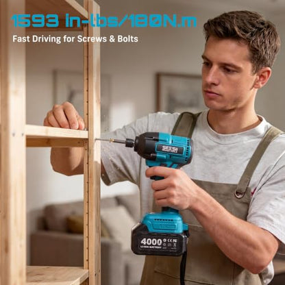 Seesii Impact Wrench Drill Driver,Power Tool Combo Kit For Car Home DIY - color: Light Blue 1000n.m + Two Batteries