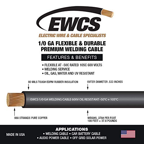 EWCS 1/0 Gauge Premium Extra Flexible Welding Cable 600 Volt - Black - 10 Feet- Made in The USA - size: 10-feet