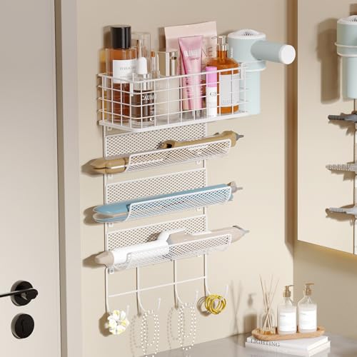 Wall-Mounted Hair Dryer Holder Styling Tool Organizer 4-Shelf Storage Wire Basket with Hook Heat Safe Rack for Hair-Straighteners,Curling Wands,Flat Iron,Cabinet Door Bathroom Kitchen White - color: WHITE-1 Basket & 3 Shelf