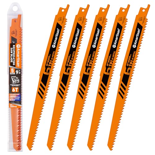 AMARTISAN 5-Piece 9 Inch 6TPI Bi-Metal Reciprocating Saw Blade for Wood Cutting and Tree Pruning, Drywall, Plastic and Composite Materials - size: 9-Inch Wood Pruning Blade (5-Piece)