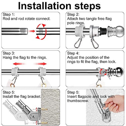 Heavy Duty Stainless Steel Flag Pole Kit - 180° Adjustable Bracket - color: Silver flag pole with bracket