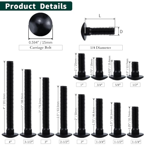 1/4-20 x 1-3/4" (16 Sets) Carriage Bolts Black, 304 (18/8) Stainless Steel Carriage Screws with Hex Nuts and Flat Washers, Square Neck Round Dome Head, Coarse Thread - size: 1/4-20 x 1-3/4"