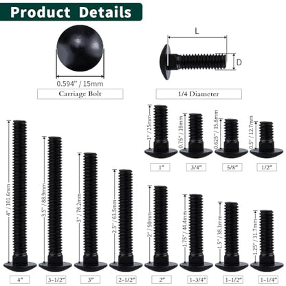 1/4-20 x 1-3/4" (16 Sets) Carriage Bolts Black, 304 (18/8) Stainless Steel Carriage Screws with Hex Nuts and Flat Washers, Square Neck Round Dome Head, Coarse Thread - size: 1/4-20 x 1-3/4"
