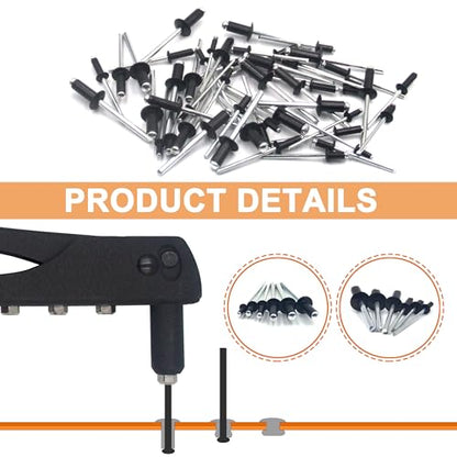 ISPINNER 225pcs Black Aluminum Blind Rivets Assortment Kit with Heavy Duty Hand Riveter Rivet Gun Tool, 6 Sizes Pop Rivets with Divider & Labeled Case