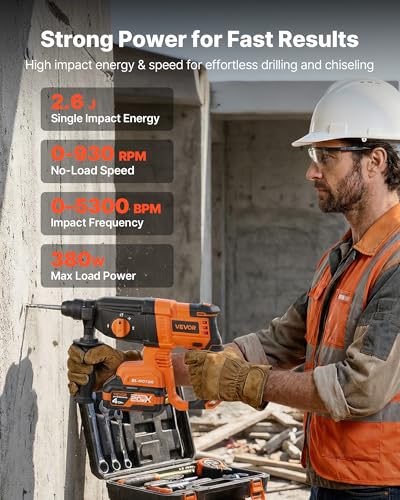 VEVOR Rotary Hammer Drill, 7/8 in SDS-Plus Cordless, 20V Battery Powered Rotary Hammer, Brushless, Including Battery, Charger, 3 Drill Bits, Flat Chisel, Pointed Chisel, Carrying Case, for Concrete - size: 7/8 in