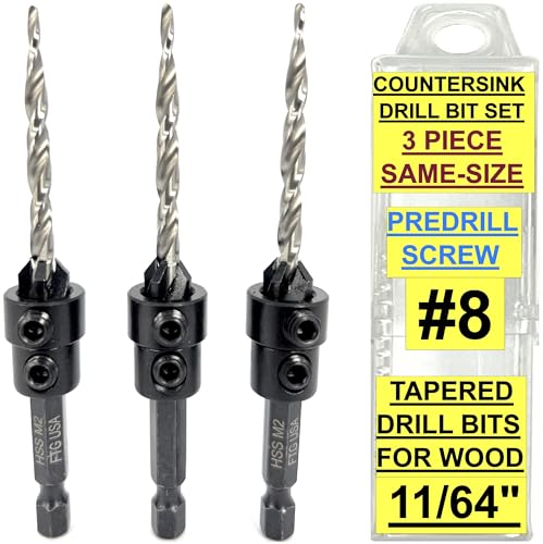 FTG USA 3 Pc #8 (11/64") Countersink Drill Bit Set with Tapered Drill Bits - size: #8, style: Same Sort 3 Pc