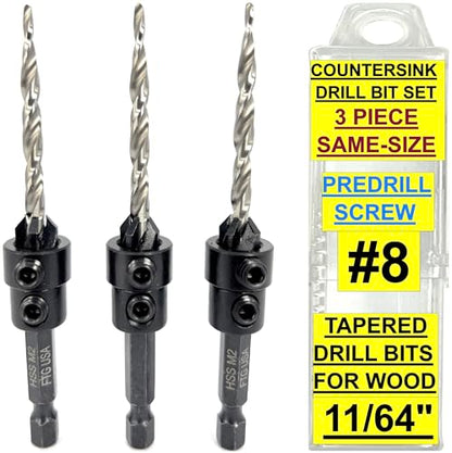 FTG USA 3 Pc #8 (11/64") Countersink Drill Bit Set with Tapered Drill Bits - size: #8, style: Same Sort 3 Pc