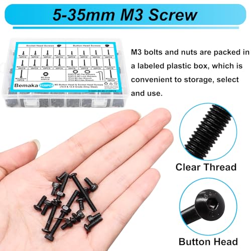2135PCS M3 Screws Kit, M3x5/6/8/10/12/16/20/25/30/35mm Button Head and Socket Head Screws Bolts Nuts Washers Kit, 10.9 & 12.9 Grade Alloy Steel, Metric Bolts for 3D Printing - color: BK-M3 x 5-35mm