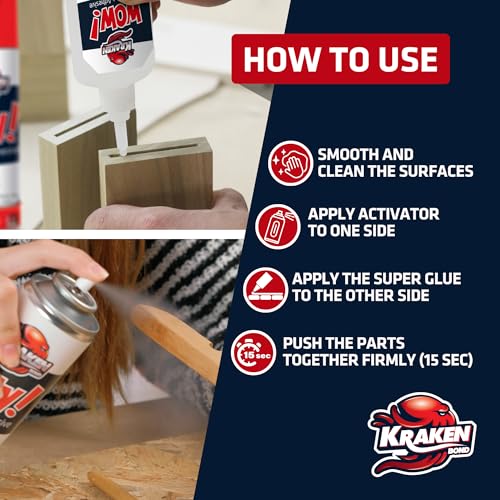 Kraken Bond Wow! CA Glue Set (2x1.75 oz) + Activator Spray (2x6.75 oz) –Super Fast Cyanoacrylate Adhesive Kit for Wood, Plastic, Ceramic, Craft -DIY Repair – 2X Ext. Bottles & 10X Nozzles Inc. 2 Pack - size: Medium Pack