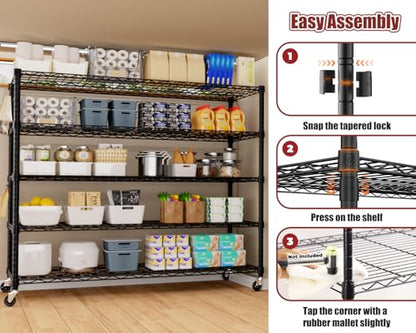 PrimeZone 5 Tier 80.7"H x 55.5"W x 24"D Wire Shelving with Wheels 3000lbs - size: 55.5" W x 24" D x 80.7" H