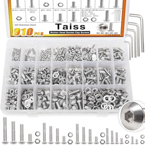 Taiss 910PCS Metric Screw Assortment M2 M3 M4 M5 M6,304 Stainless Steel Button Head Socket Cap Metric Screws Bolts Nuts and Washers Assortment Kit with Hex Wrenches - color: SS 910PCS Metric Kit