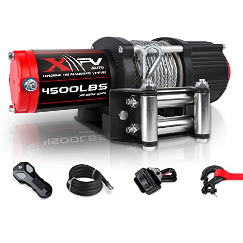 XPV AUTO 12V 4500LBS Steel Rope Electric Winch for Towing ATV/UTV Off Road with Wireless Remote Control Mounting Bracket IP67 Waterproof Electric Winch with 4-Way Roller Fairlead - color: Black, size: 4500lb. steel cable winch
