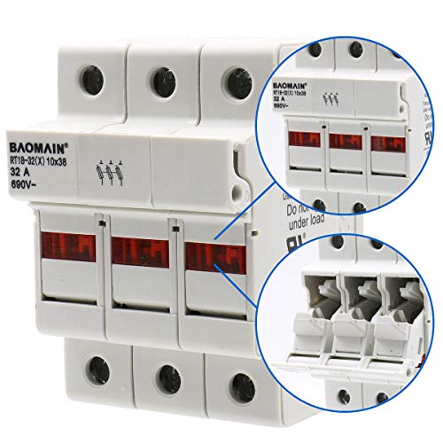 BAOMAIN 3P 600V 30A DIN Rail Fuse Holder for 10x38mm Fuses,UL White